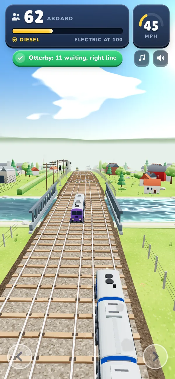 Diesel era: a diesel train crossing a river bridge as another train approaches