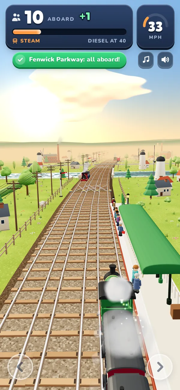 Loco Rush gameplay: a green steam train pulls into a country station as passengers leap aboard