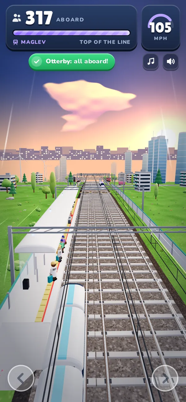 Loco Rush maglev era: a maglev at a station at dusk with the city skyline ahead